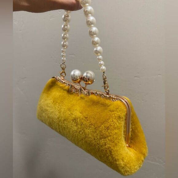 Genuine Shearling Leather “Pearl” Kisslock Clutch Bag/Evening Bag/Crossbody